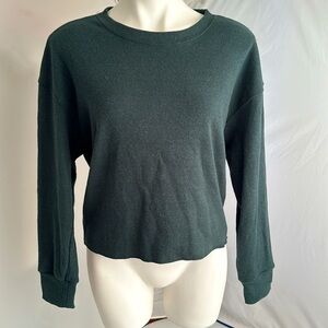 Perfect White Tee green ribbed viscose cotton blend long sleeve crew neck top